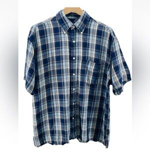 Nautica Mens L Linen Blend Plaid Button Down Shirt Blue Short Sleeve Classic Fit